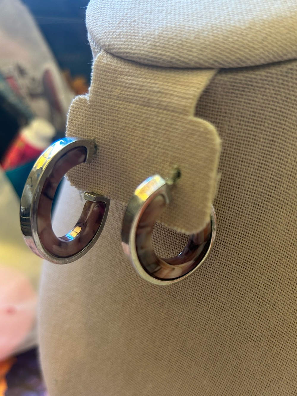 Stainless Steel Hoop Earrings with marbled purple inlay